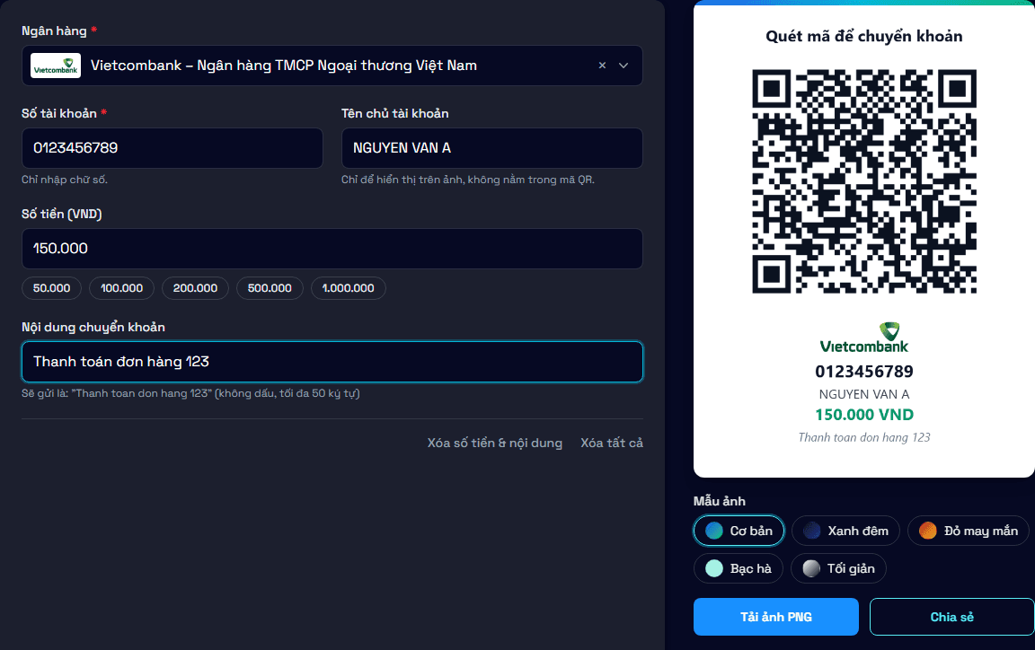 Mã QR chuyển khoản đã được tạo với số tiền và nội dung điền sẵn